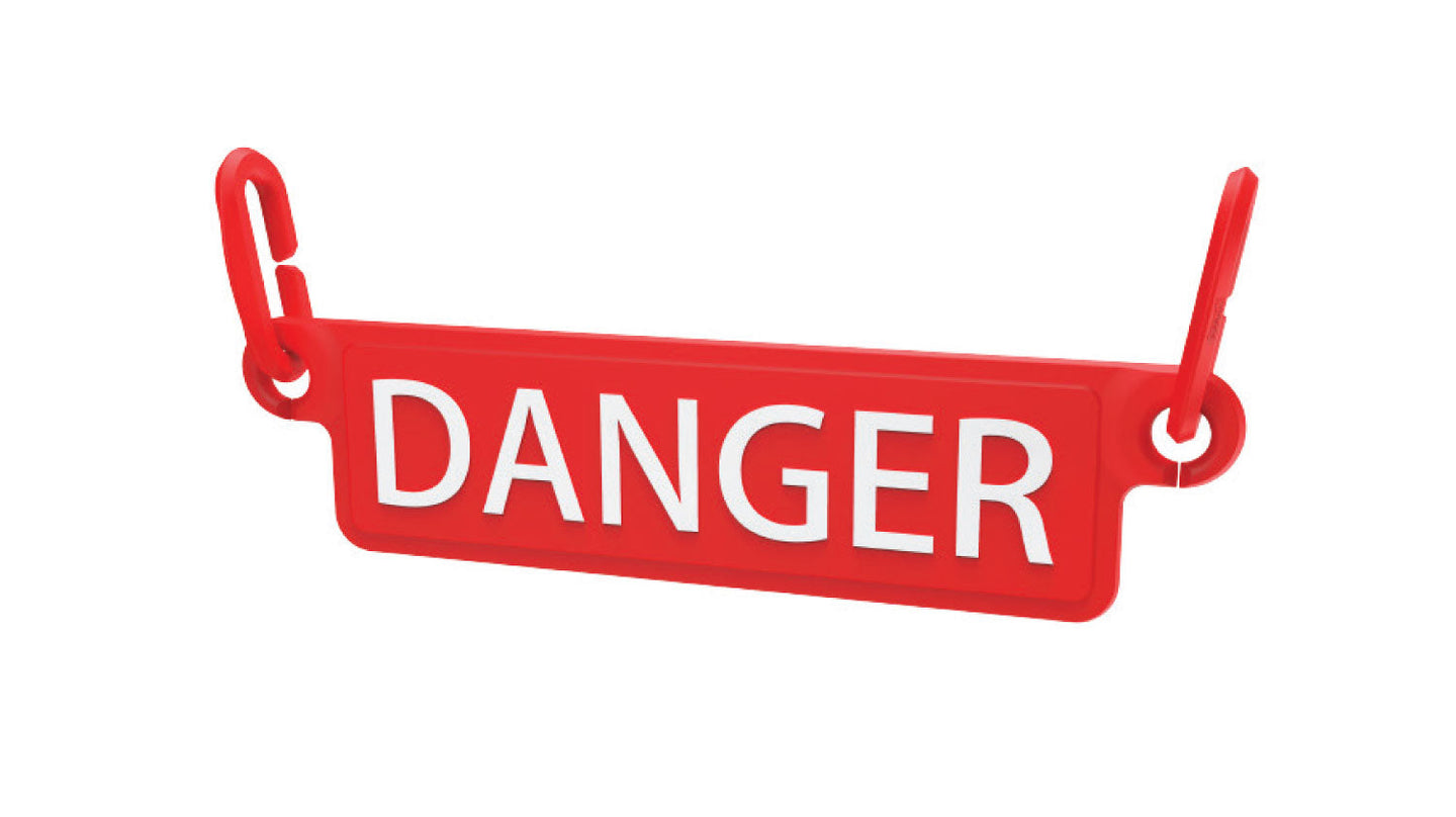 Red plastic danger tag with white lettering and hook attachments for Barricade sign