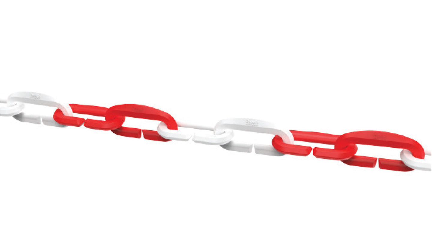 Red and white plastic chain link barricade, 20 meters long
