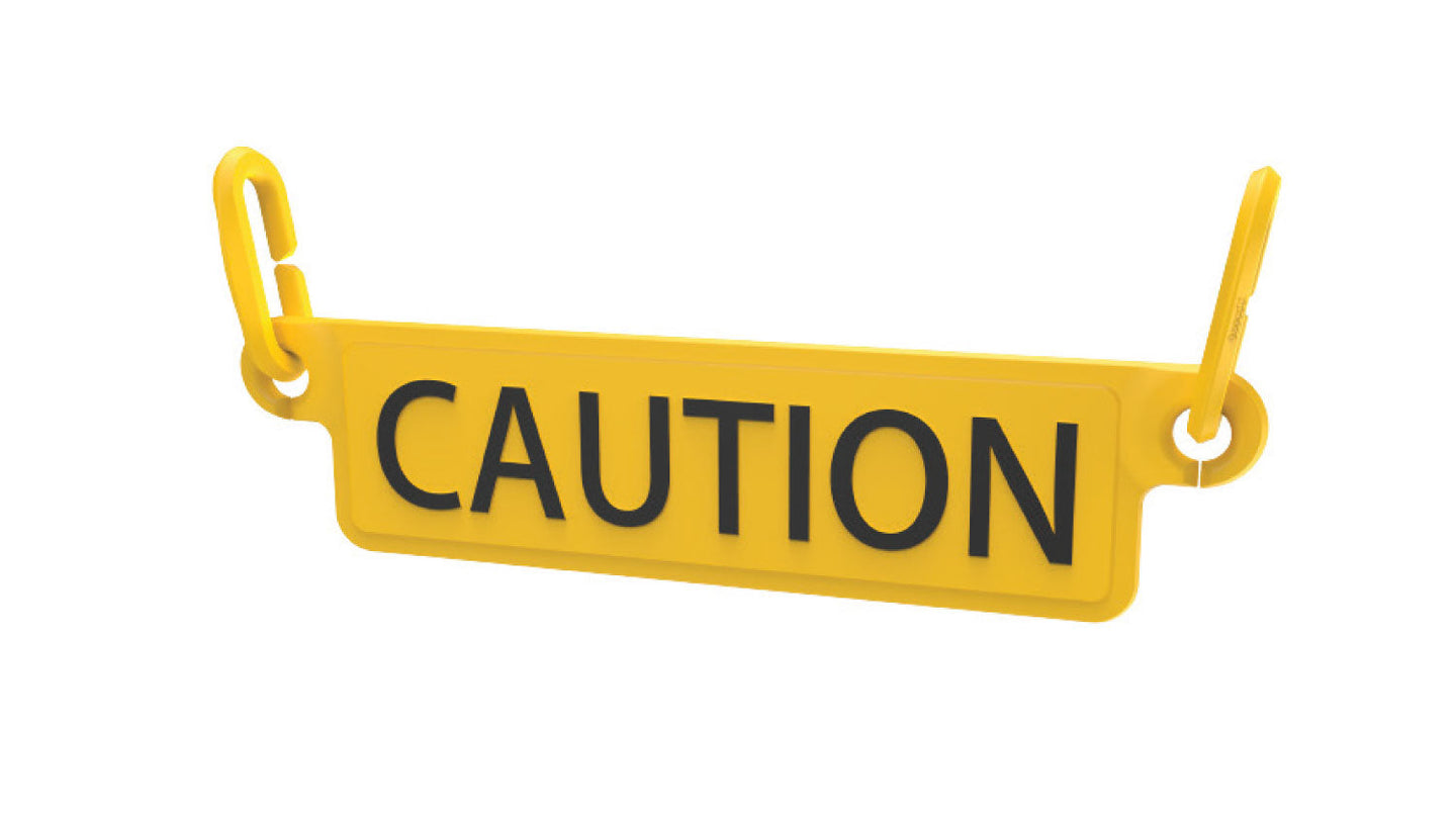 Yellow plastic caution tag with black lettering for Barricade sign