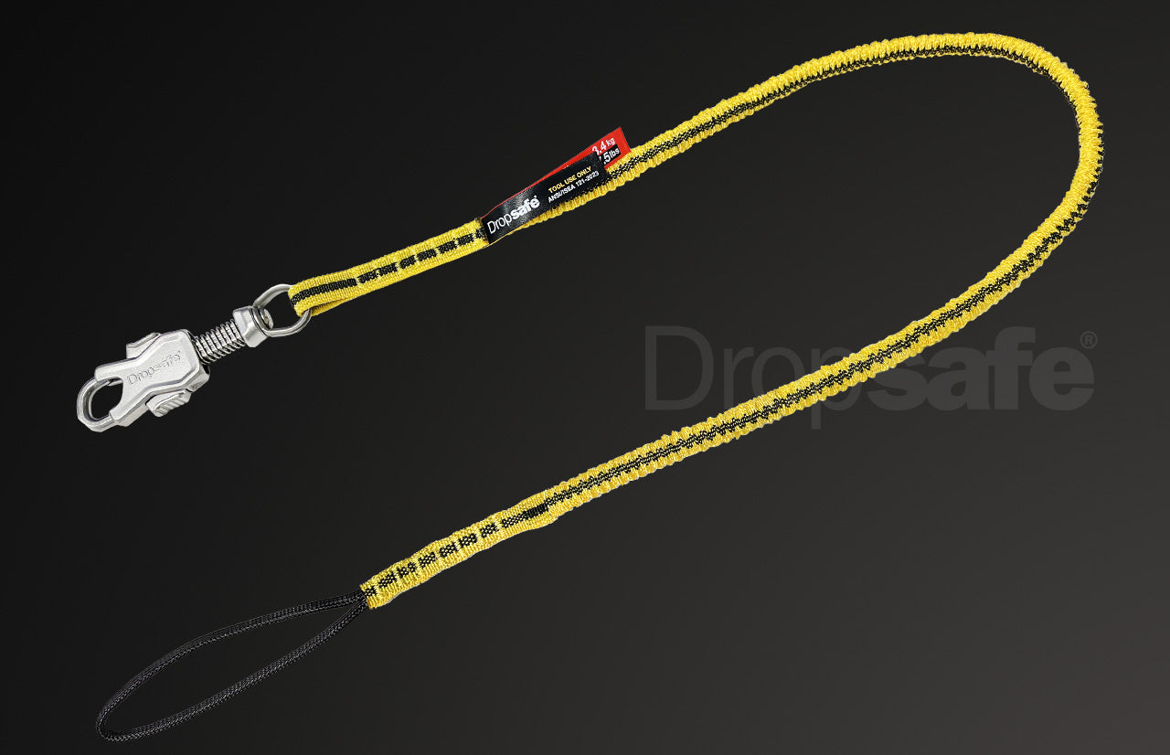 Silver bungee tool lanyard with twin carabiners, 3.4 kg capacity