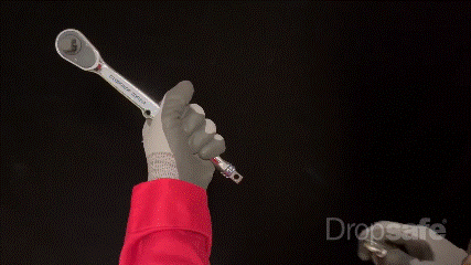 Silver socket wrench with Bungee Tool Lanyard Twin Carabiners label