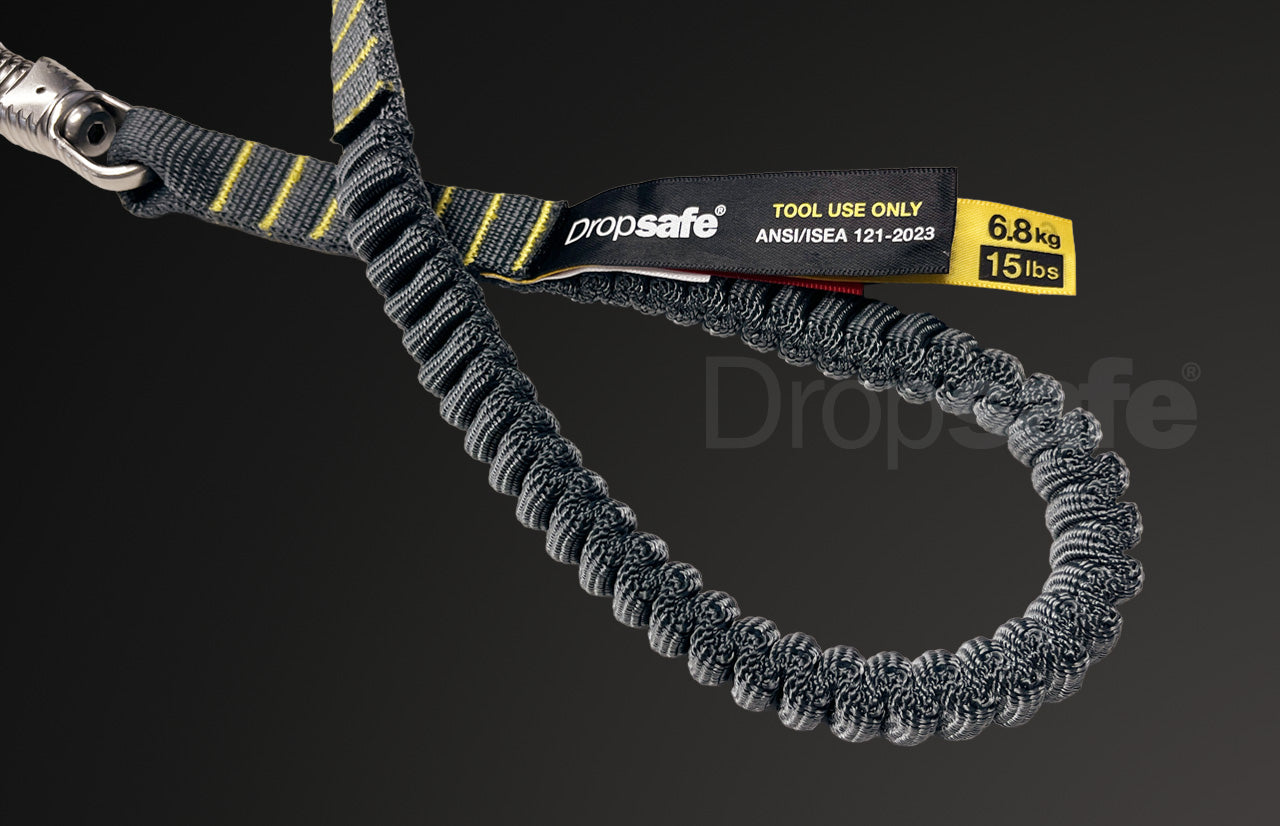 Dropsafe black braided bungee tool lanyard with yellow stripes and twin carabiners