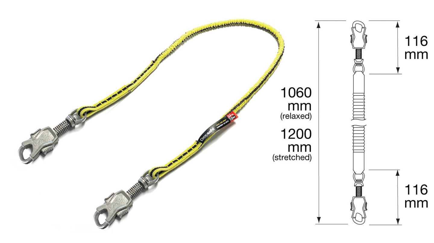 Yellow braided bungee tool lanyard with twin silver carabiner clips, 3.4 kg capacity