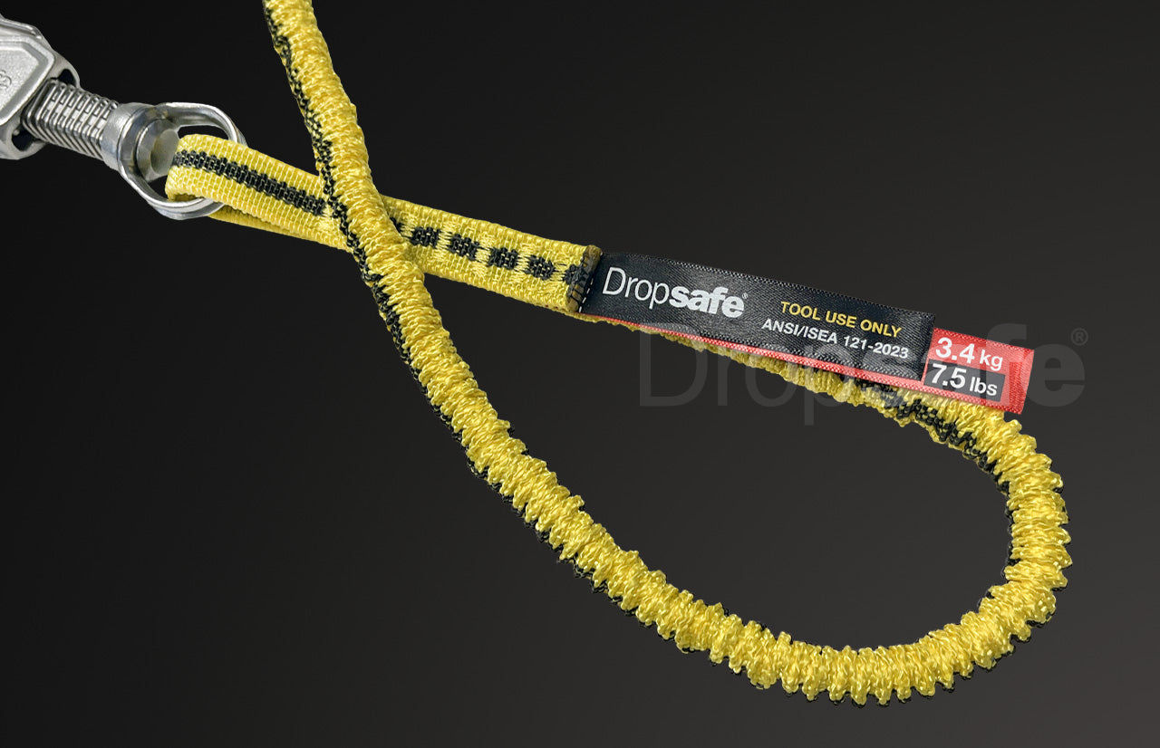 Yellow textured rope lanyard with black stripes, dropsafe brand twin carabiners, 3.4kg