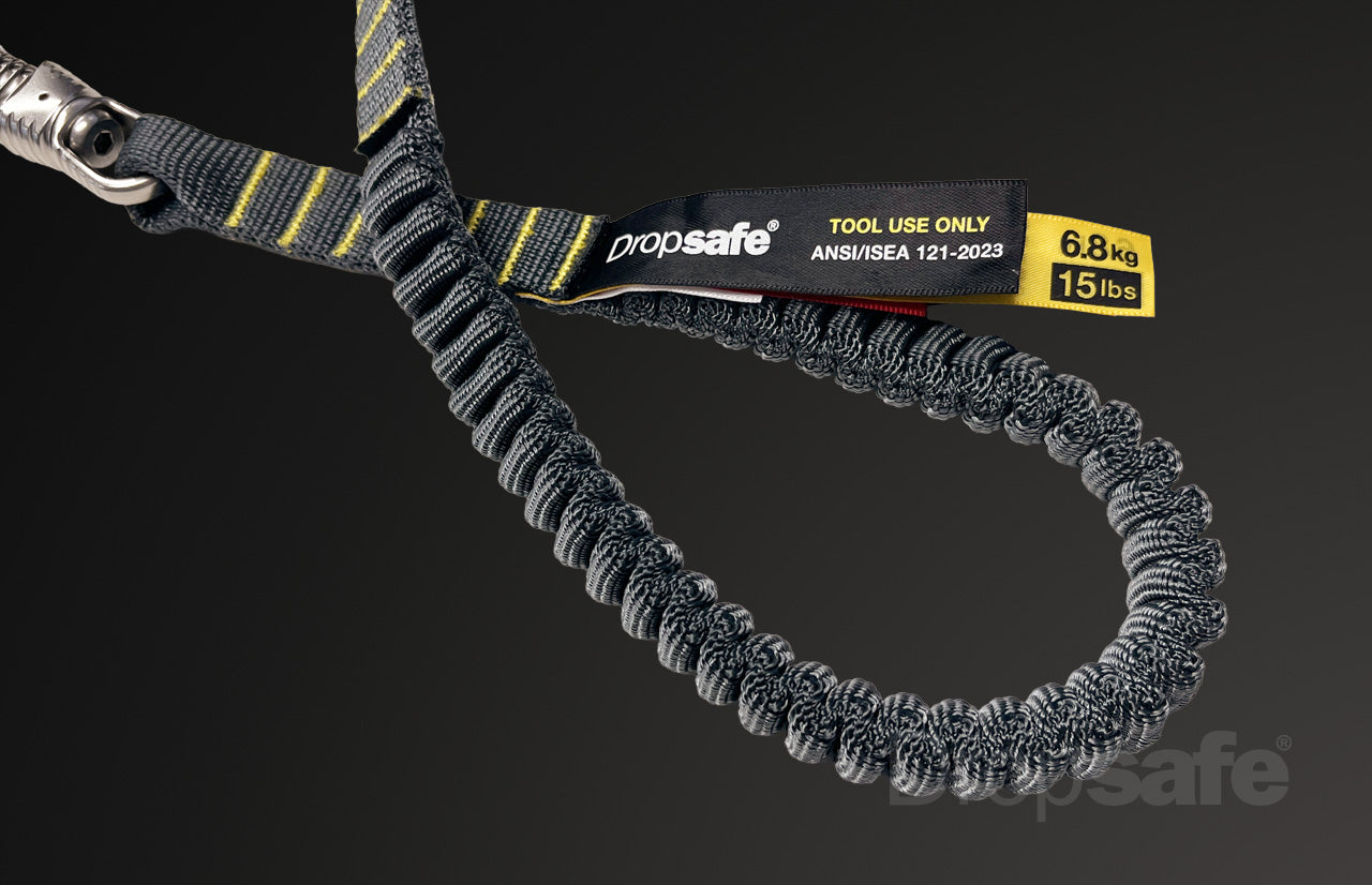 Dropsafe black braided bungee tool lanyard with yellow stripes and twin carabiners