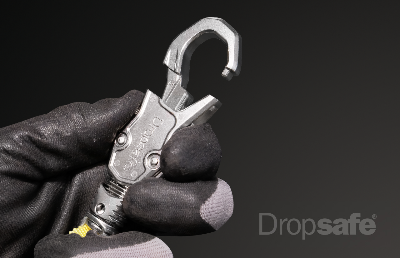 Silver metallic dropsafe carabiner with sturdy hook and textured grip for Wire Tool Lanyard - Loop