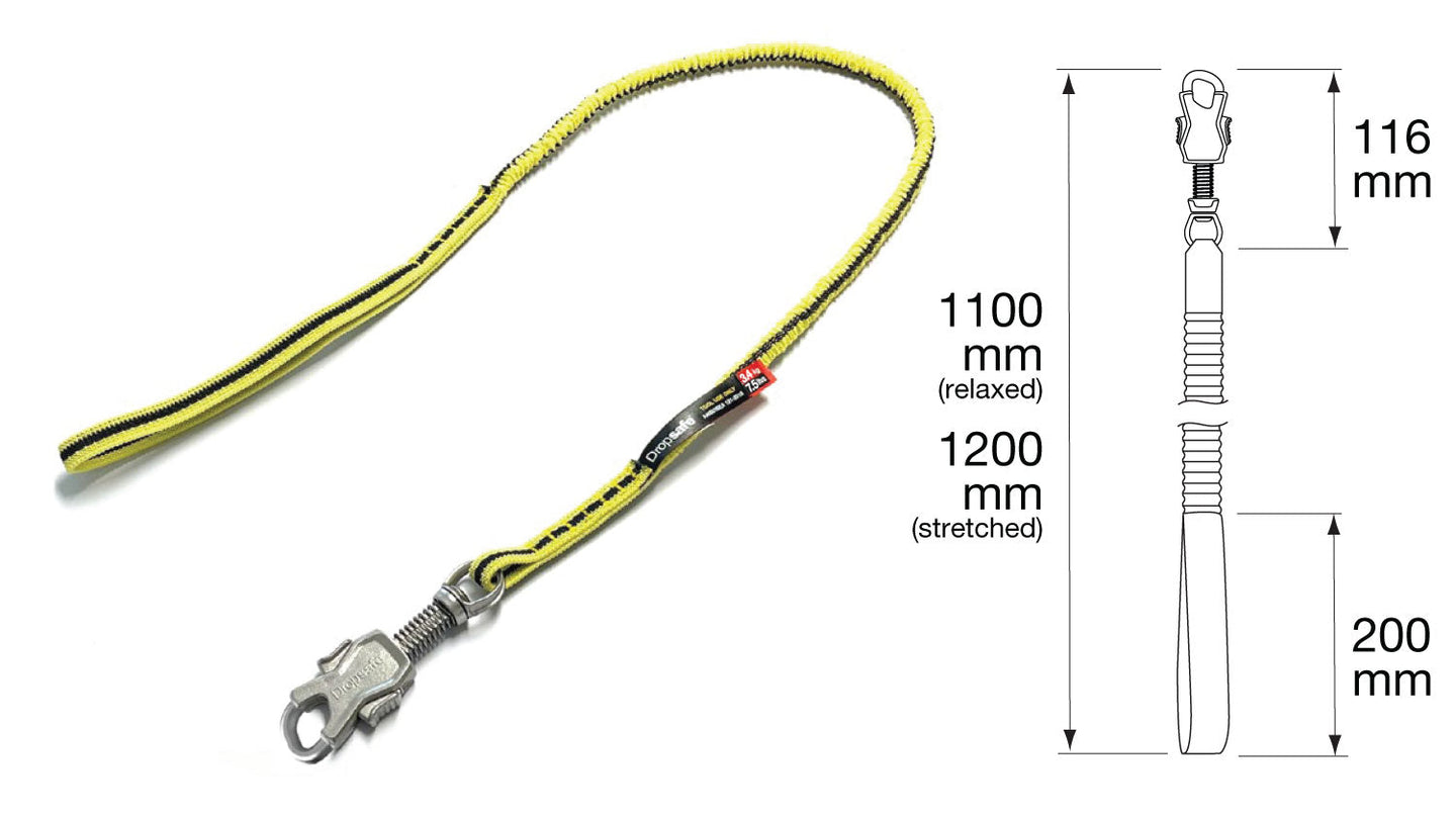 Yellow safety bungee tool lanyard with black stripes and metal clips, 3.4kg capacity