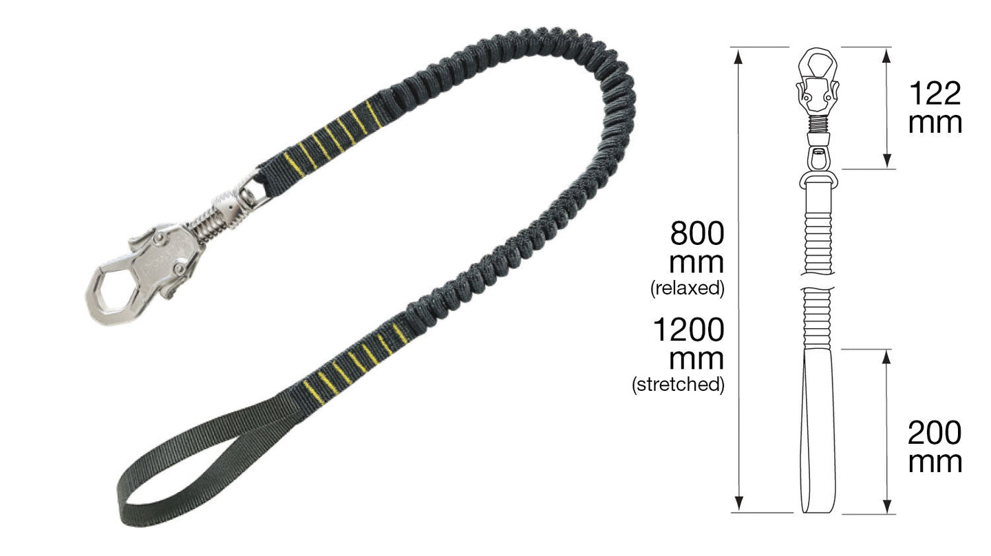 Black and lime green braided bungee tool lanyard with metal carabiner