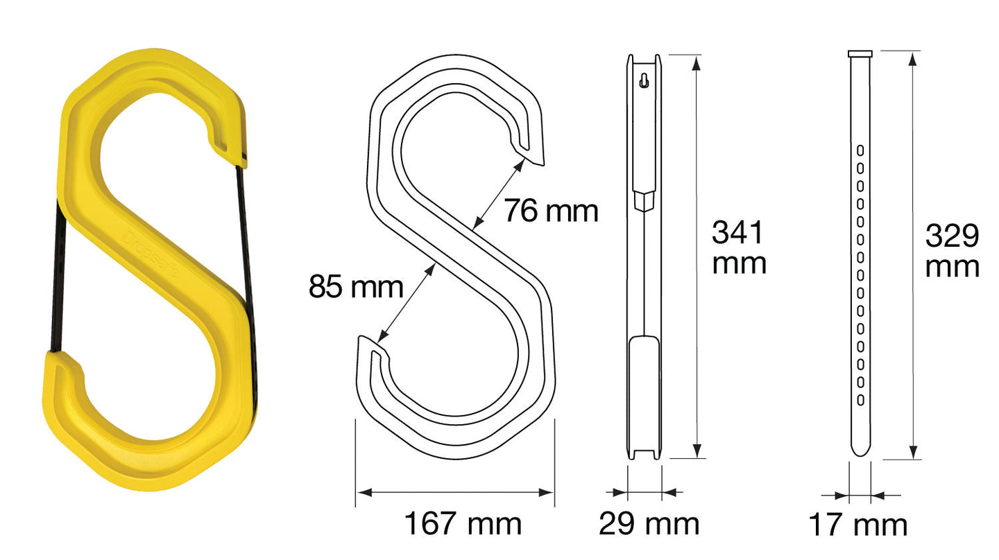 Pack of 10 yellow S-shaped carabiners with black straps and metallic hardware