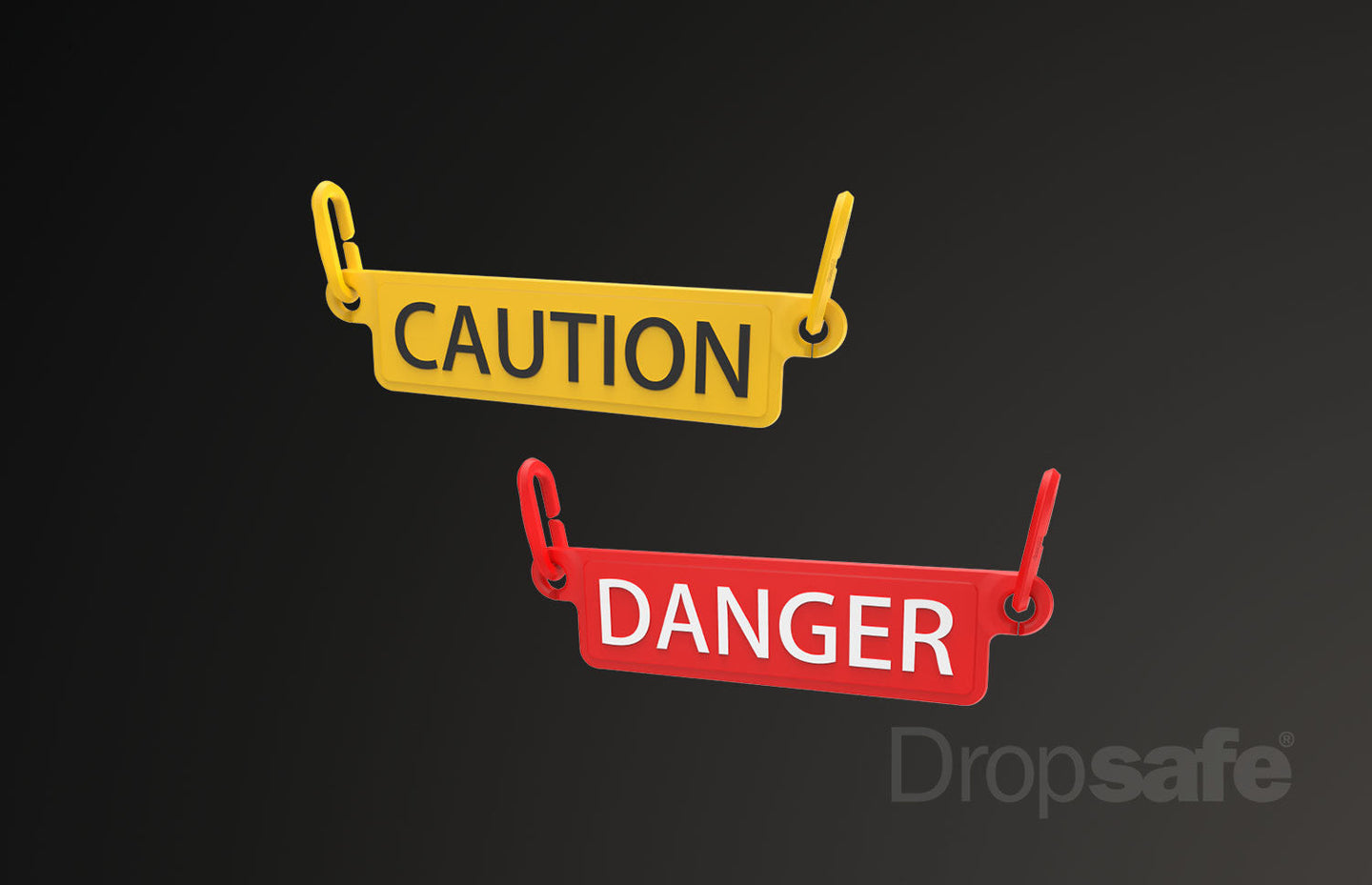 Yellow and red Dropsafe Accessories warning tags with black and white lettering