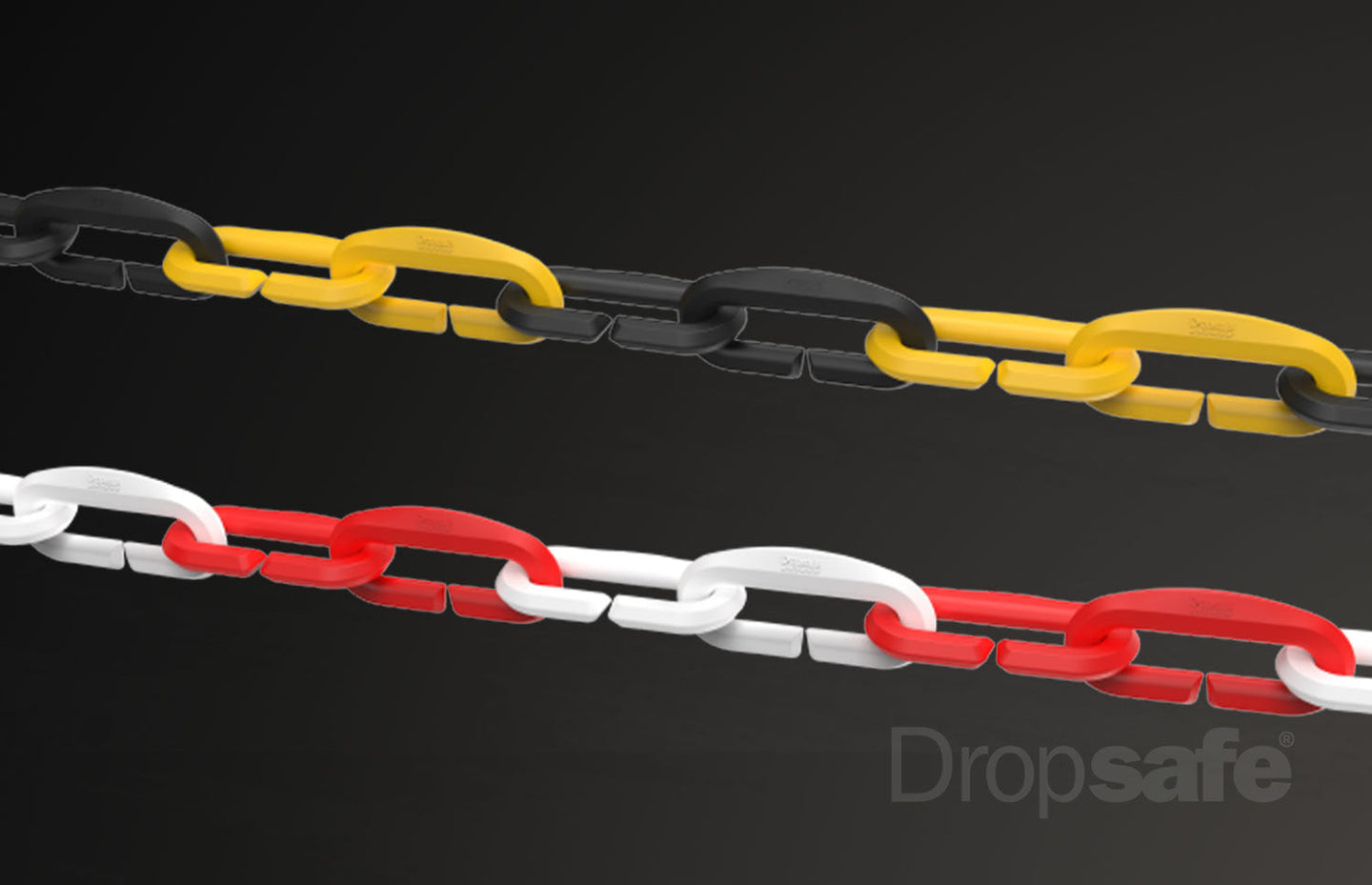 Two Dropsafe Accessories plastic safety chains: black-yellow and red-white