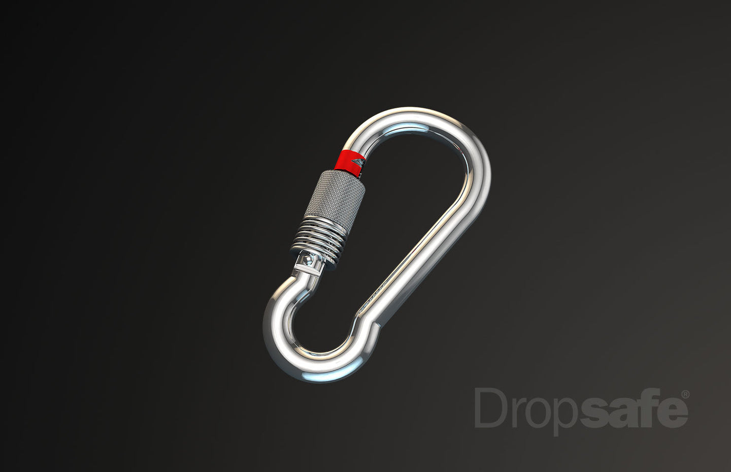Silver carabiner with textured grip and red safety lock from Dropsafe Accessories