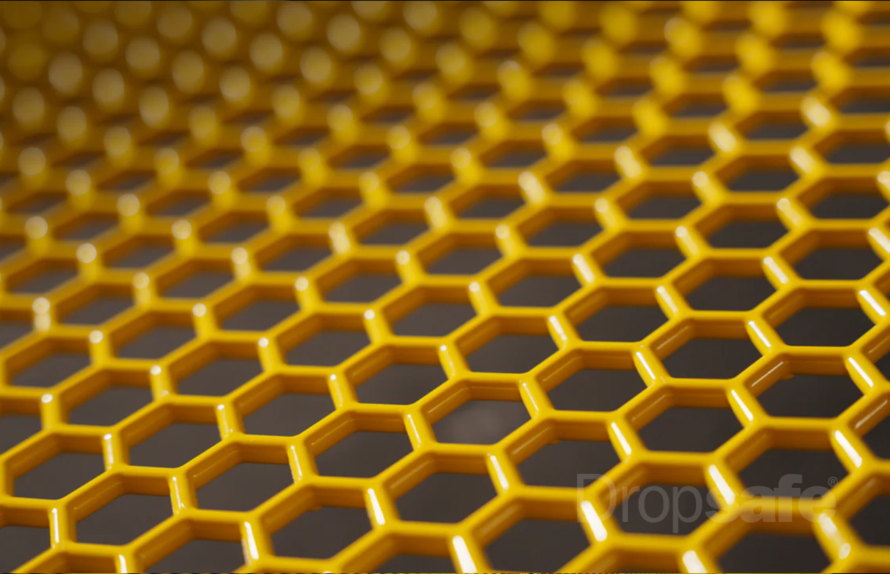 Bright yellow hexagonal metal grate with glossy Dropsafe Barrier finish