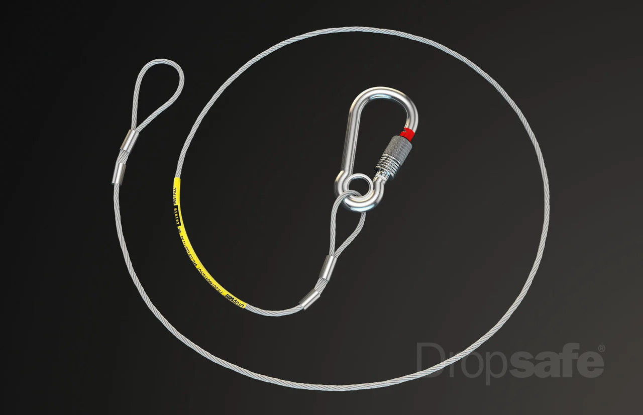 Silver steel cable Dropsafe Slings safety lanyard with carabiner and yellow label