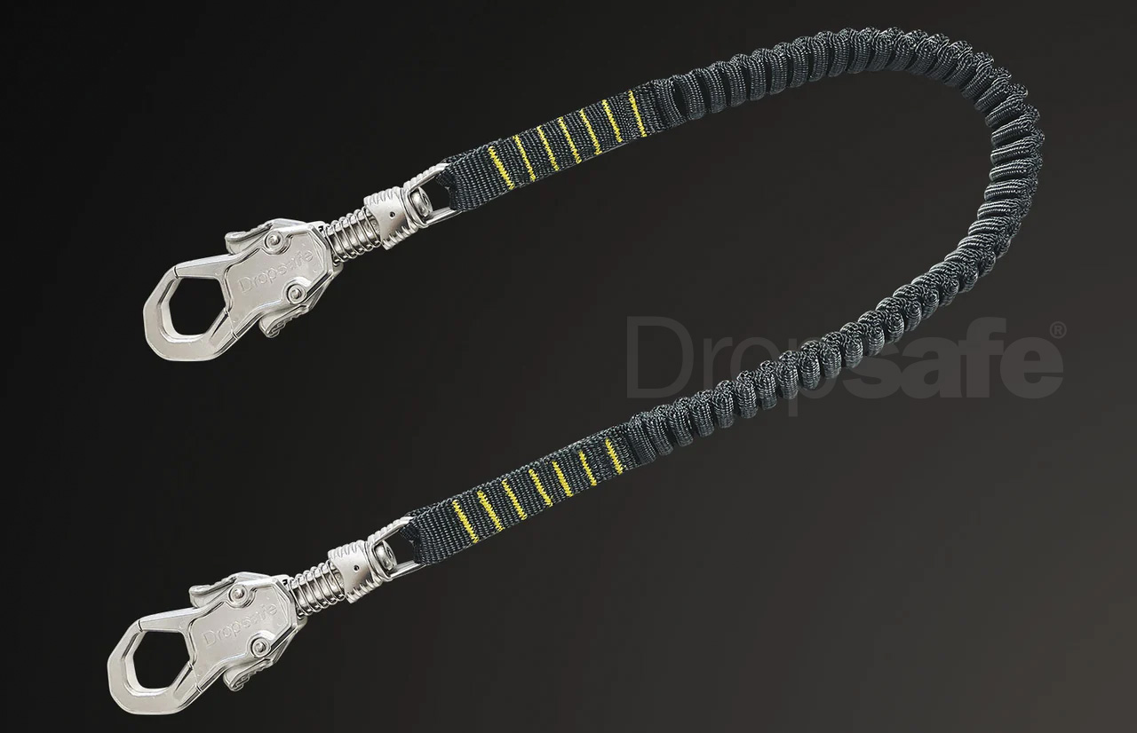 Black and yellow striped Dropsafe Tool Tethering lanyard with silver carabiner hooks