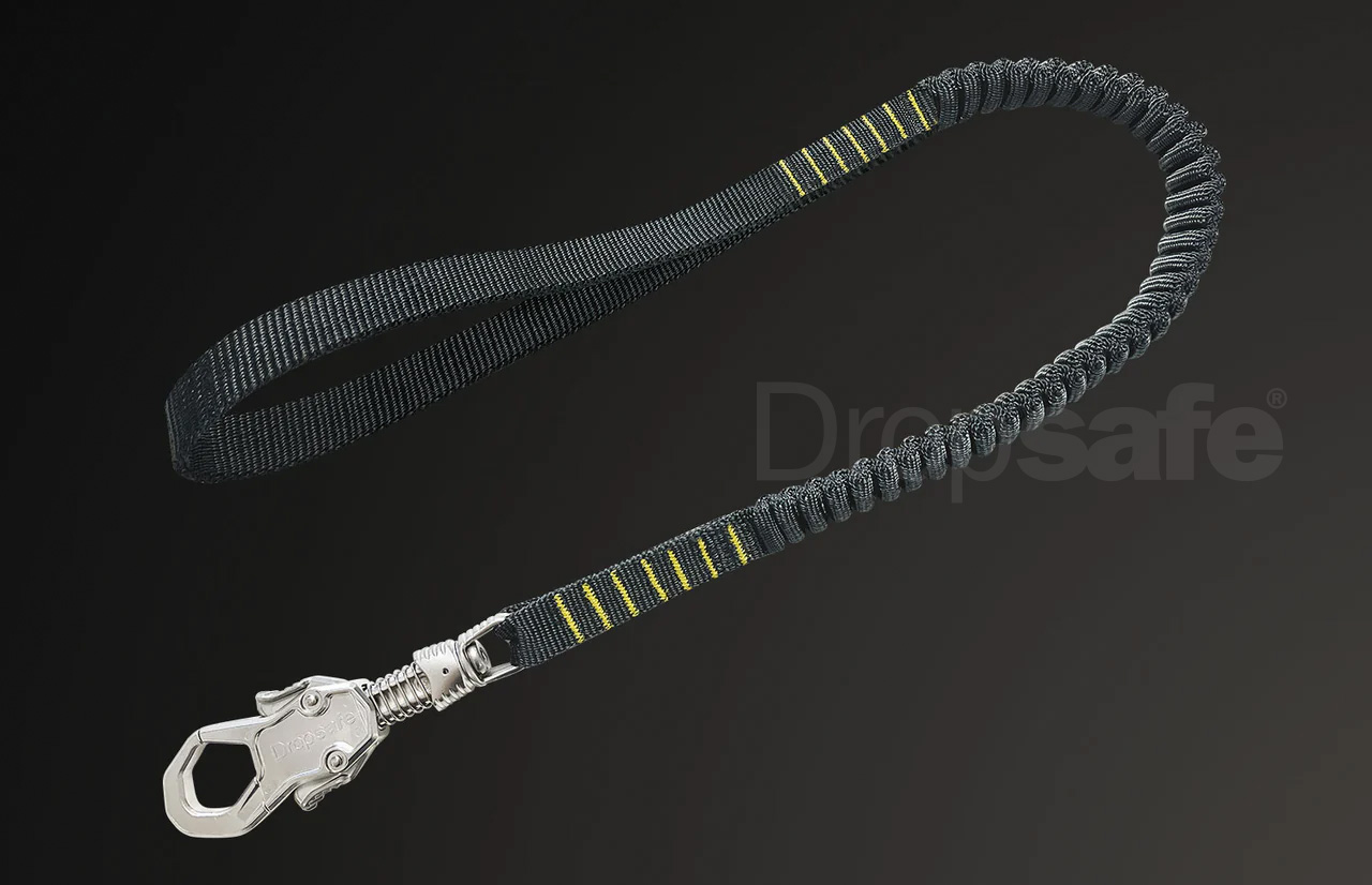 Black braided Dropsafe tool tethering lanyard with yellow reflective stripes and silver carabiner