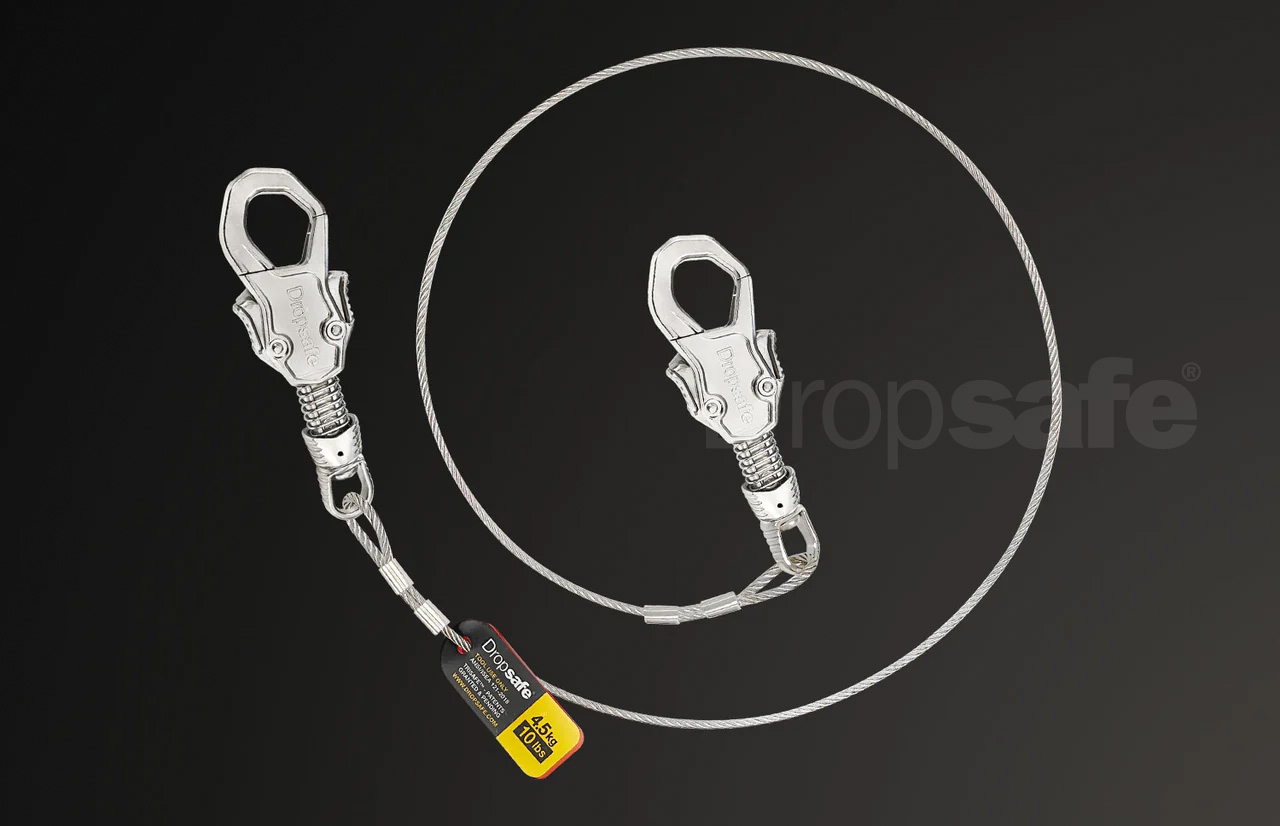 Silver steel cable lanyard with twin locking carabiners