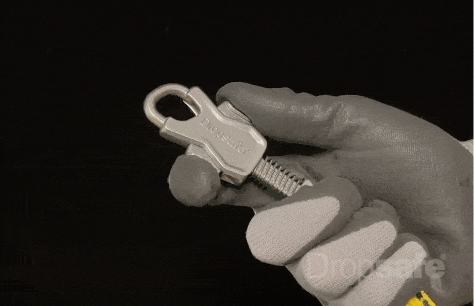 Silver Dropsafe safety latch with threaded screw for tool tethering