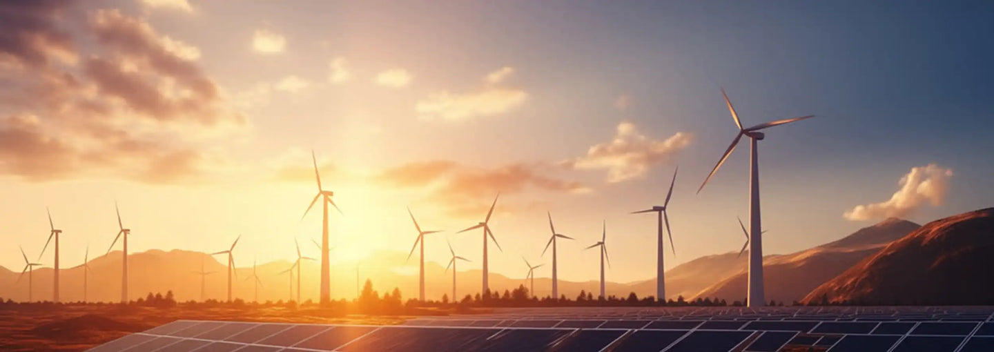 A field of sleek, white wind turbines stands tall against a warm sunset sky.