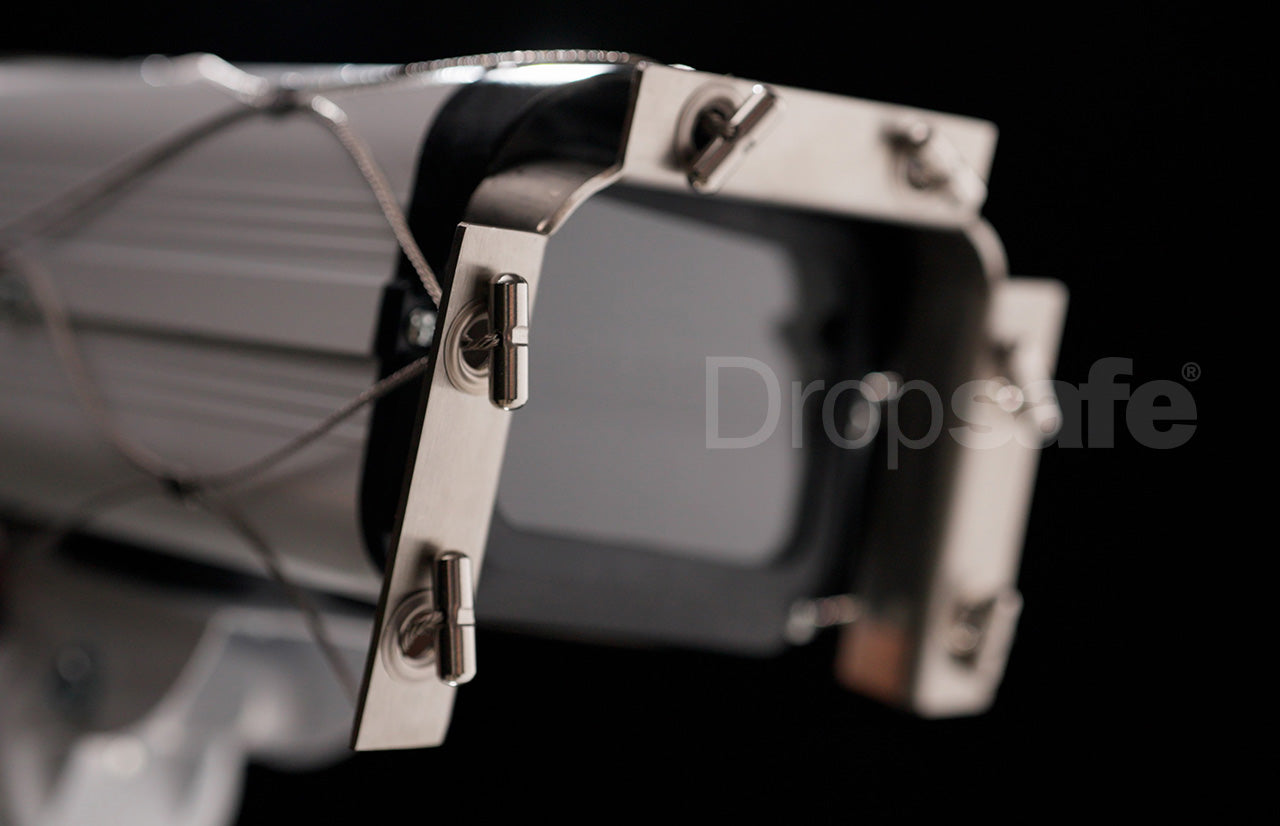 Silver metallic lens hood with Trisafe carabiner for CCTV, SWL 5kg