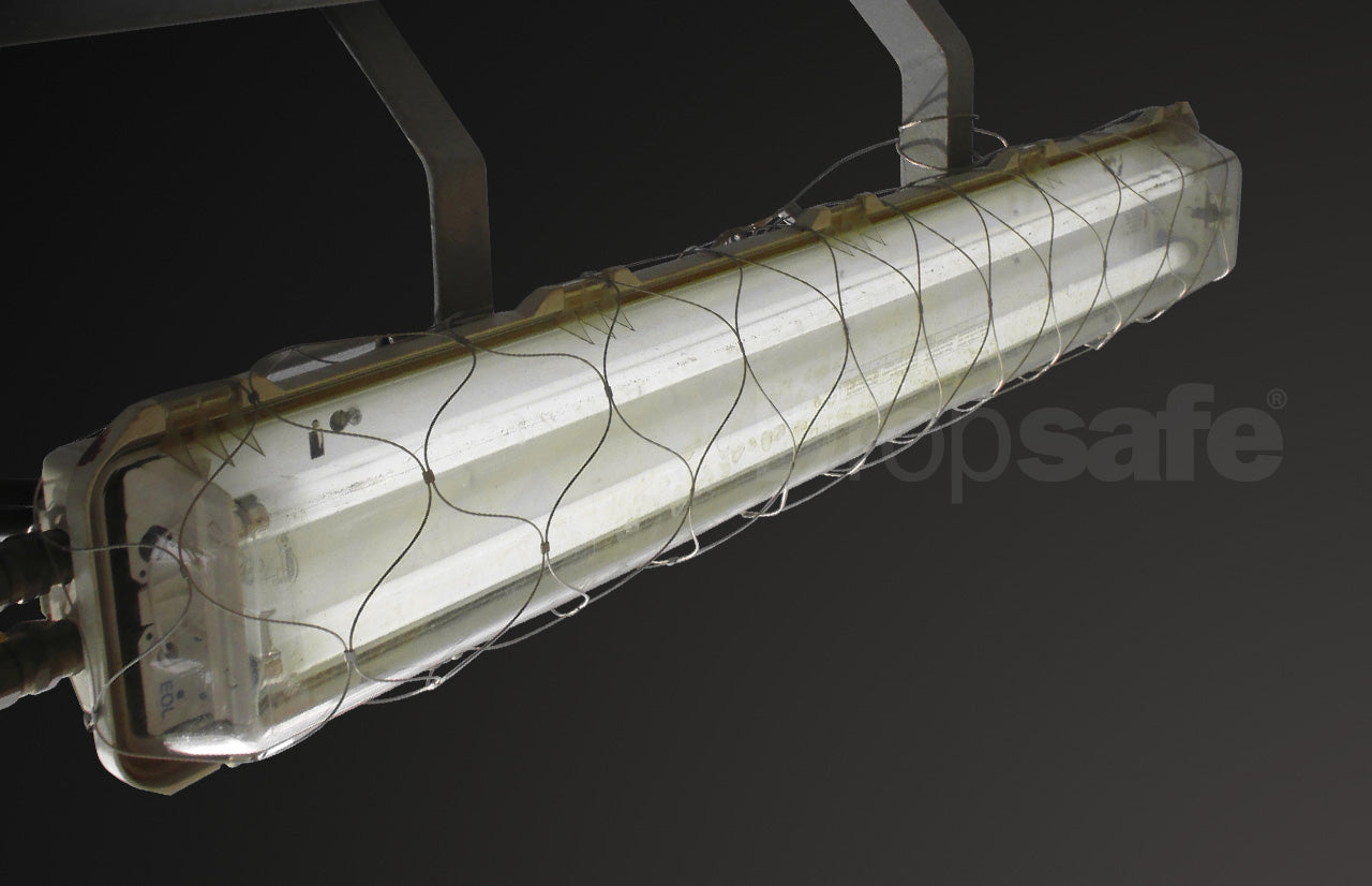 Industrial fluorescent light fixture with Trisafe carabiner net, SWL 8kg