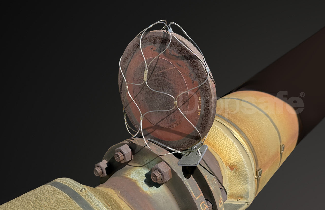 A spec blind flange encased by Dropsafe Nets on a pipe.