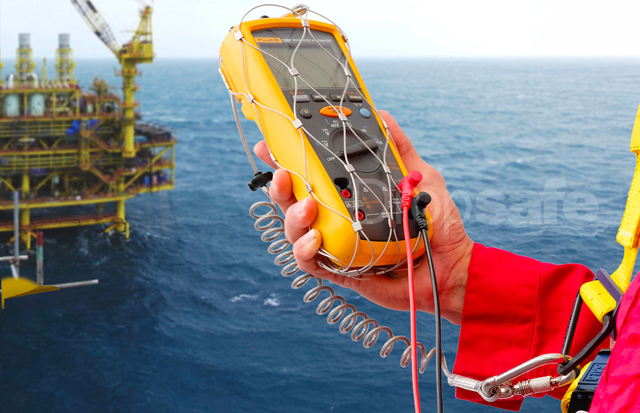 Dropsafe Pouches metallic safety lanyard with coiled spring, carabiner, yellow tag.