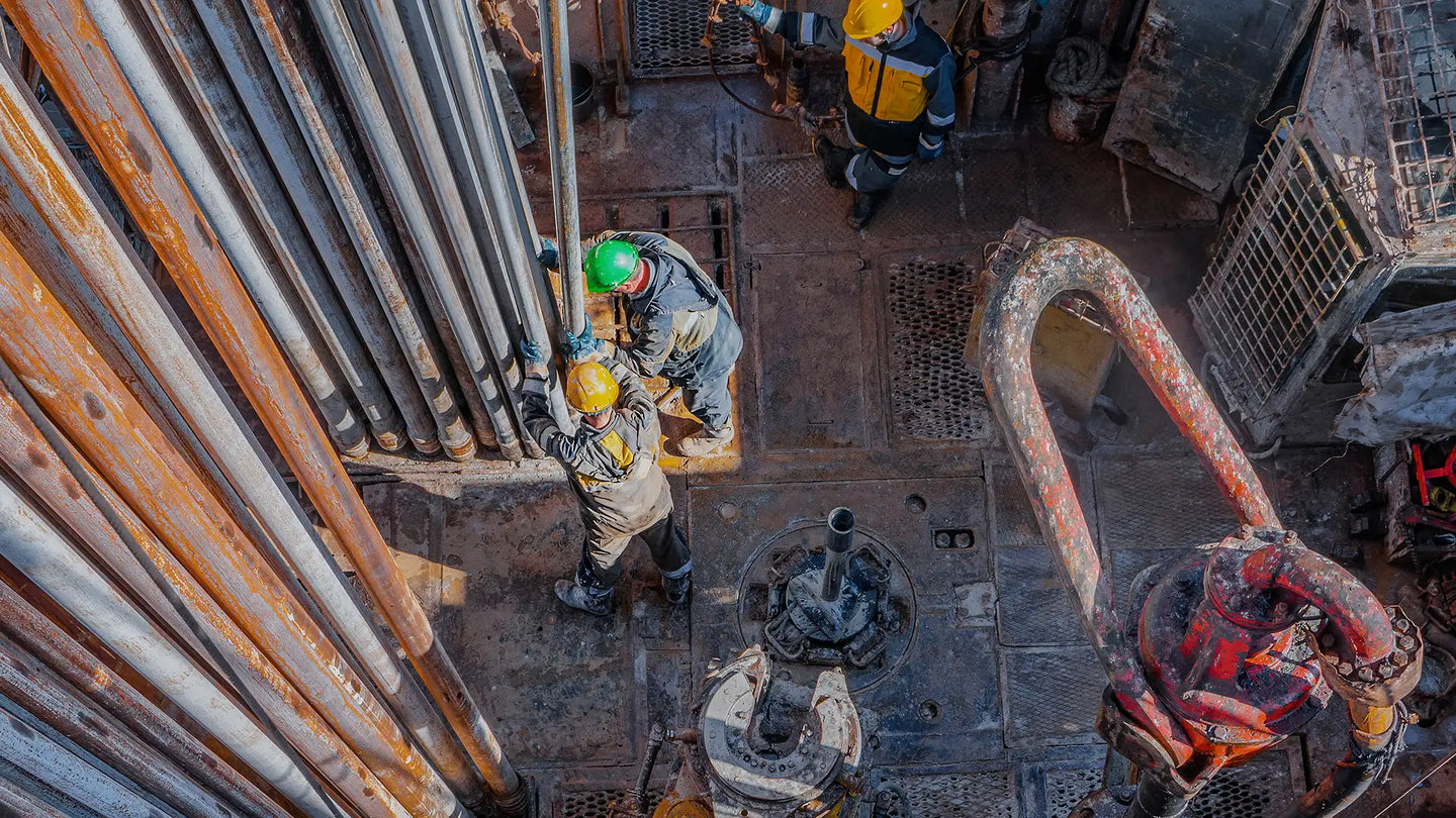 Rusty steel drill pipe stack.