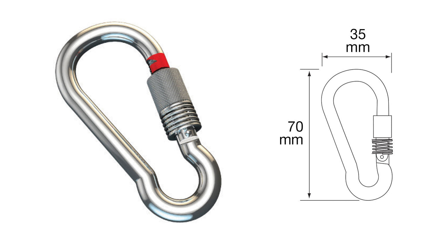 Silver-toned metal Single Carabiner with textured grip and red safety lock