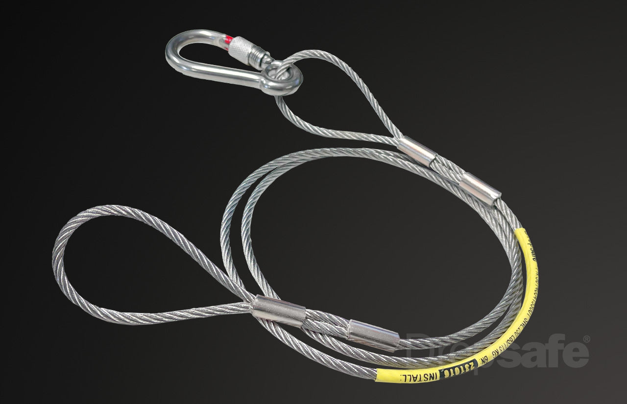 Silver steel wire rope sling with carabiner, 1200mm, SWL 10kg