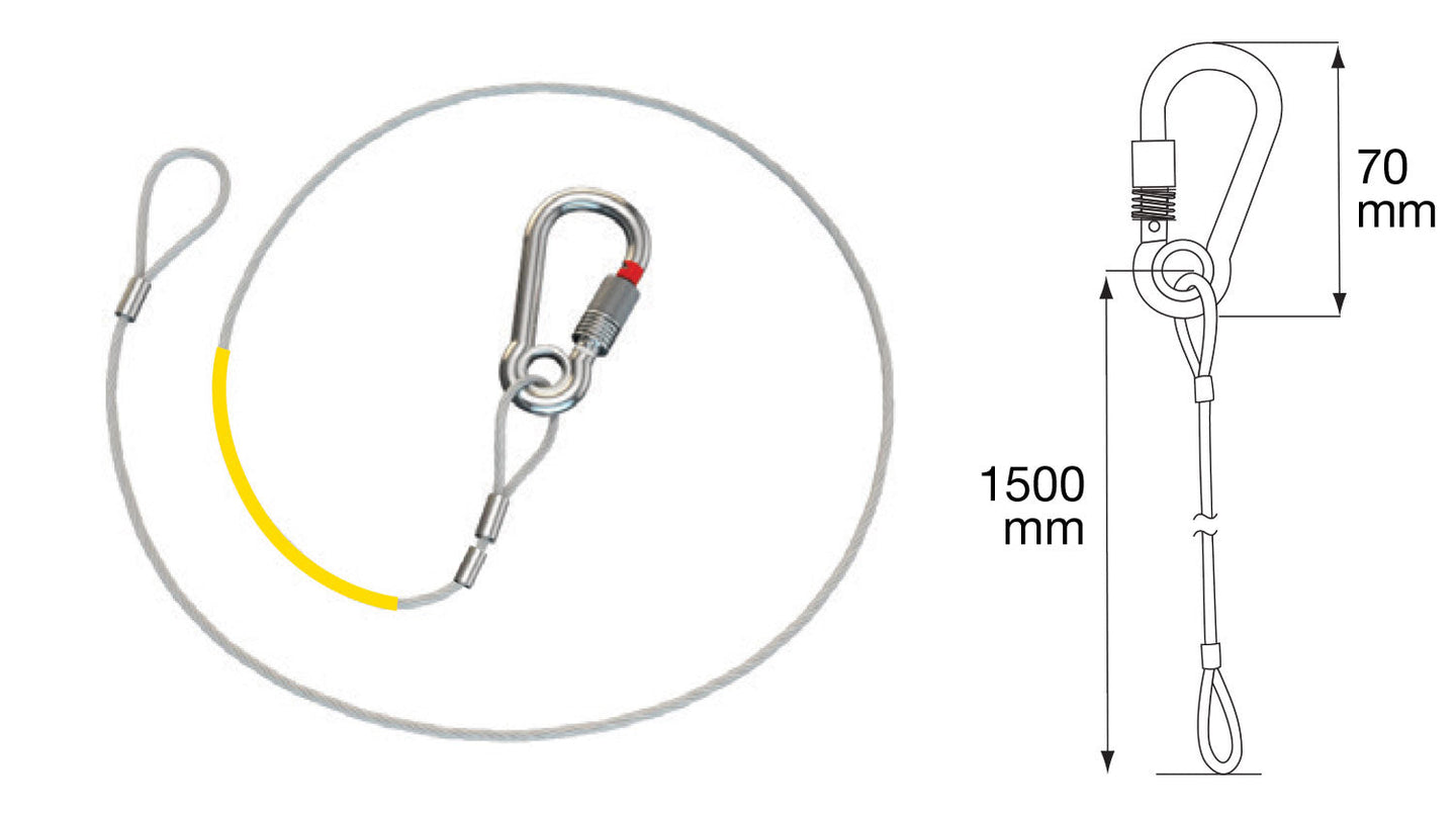 Silver steel cable sling with yellow stripe, carabiner, 1500mm, 80kg SWL