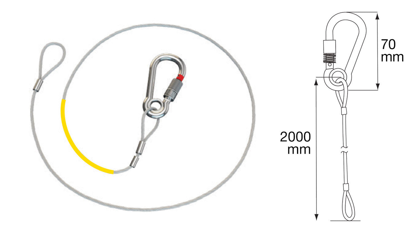 2000mm safety sling with cable, silver carabiner, yellow stripe, SWL 80kg