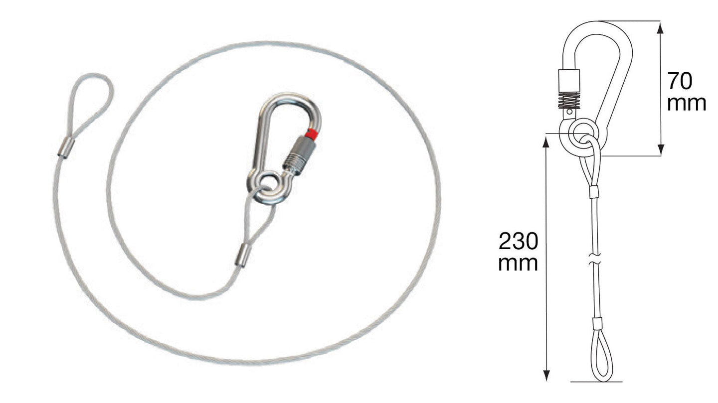 Silver steel cable sling with carabiner, 230mm, SWL 10kg