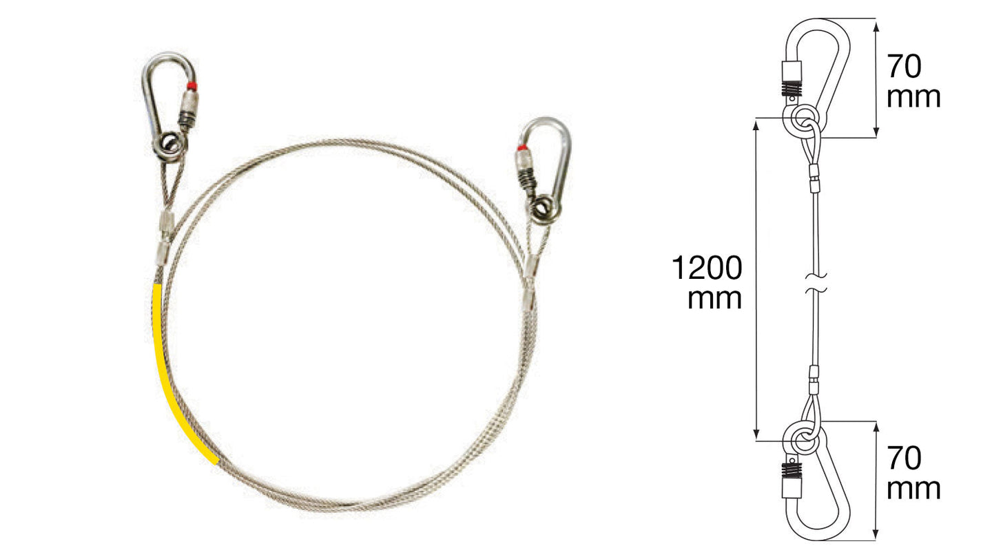 1200mm steel cable sling with yellow sleeve and double carabiners, SWL 80kg