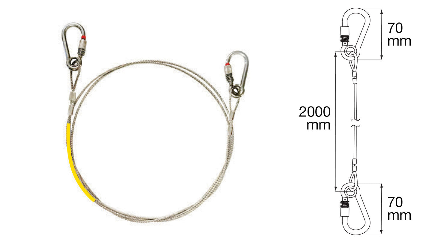 Silver steel cable sling with yellow stripe and double carabiners, 2000mm, SWL 80kg