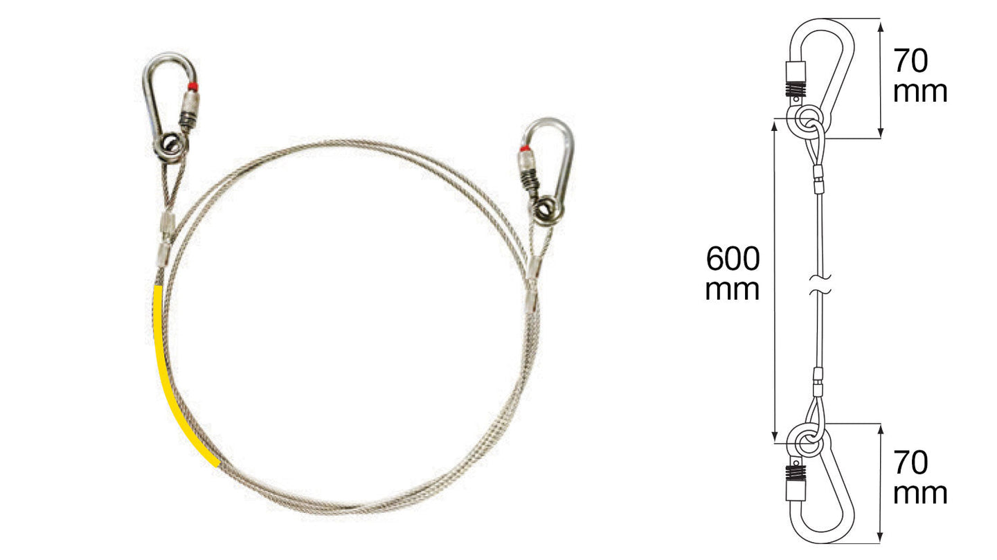 600mm silver steel cable sling with yellow stripe and double carabiners, SWL 80kg