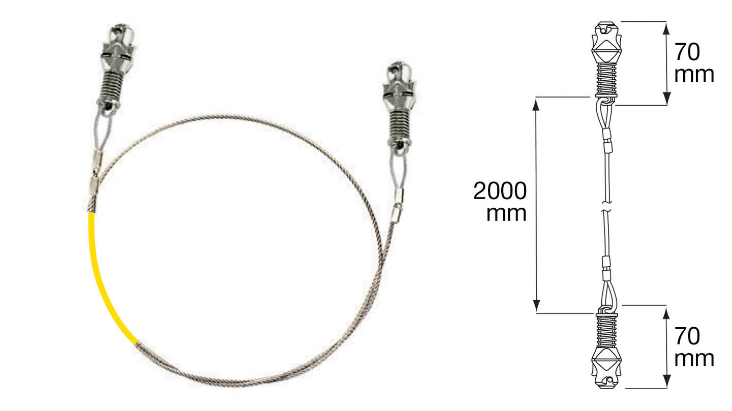 Double Trisafe 2000mm sling with silver fiber optic cable, yellow sleeve, SWL 80kg