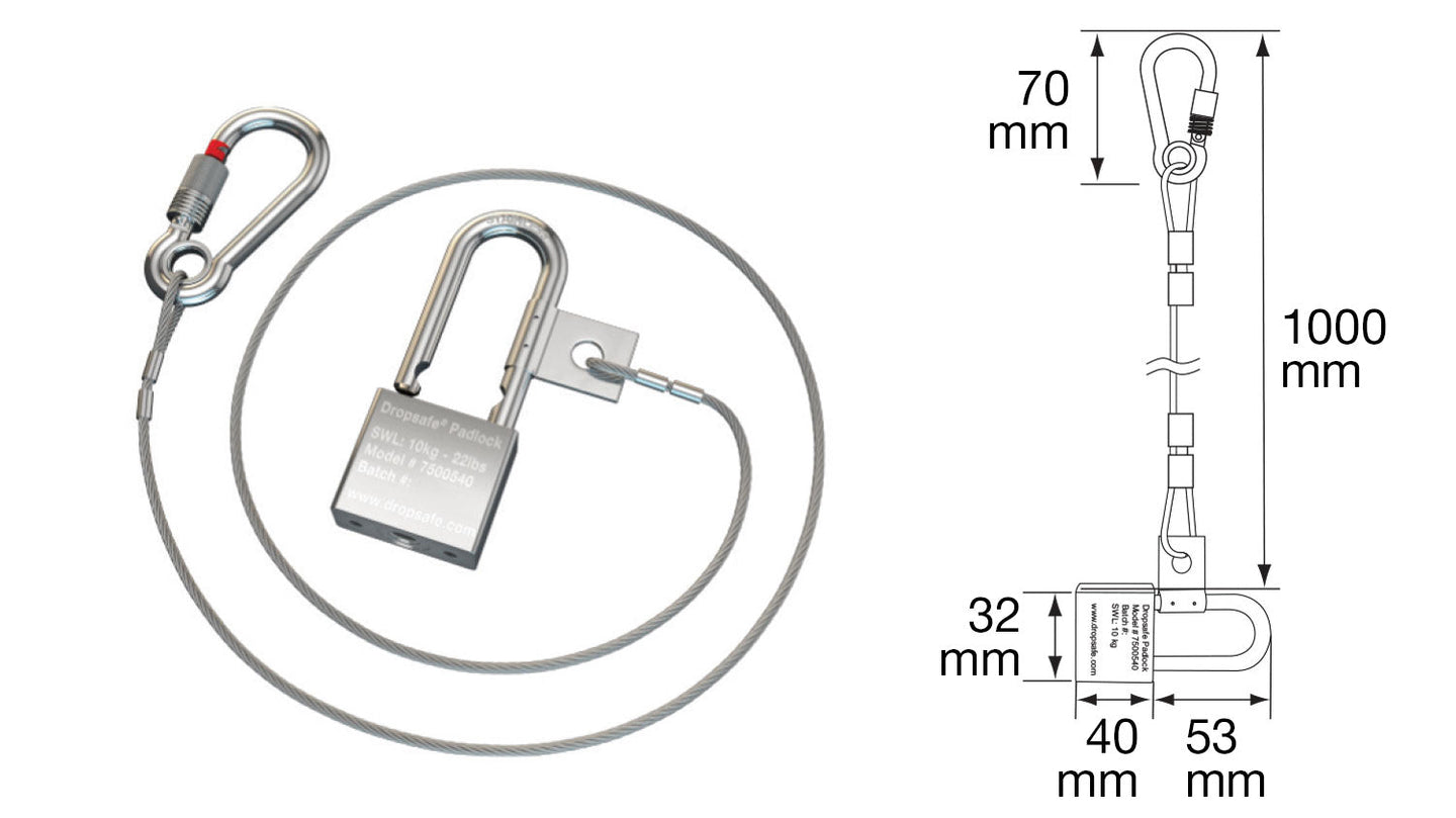 Silver steel safety lock with 1000mm cable and carabiner, SWL 80kg