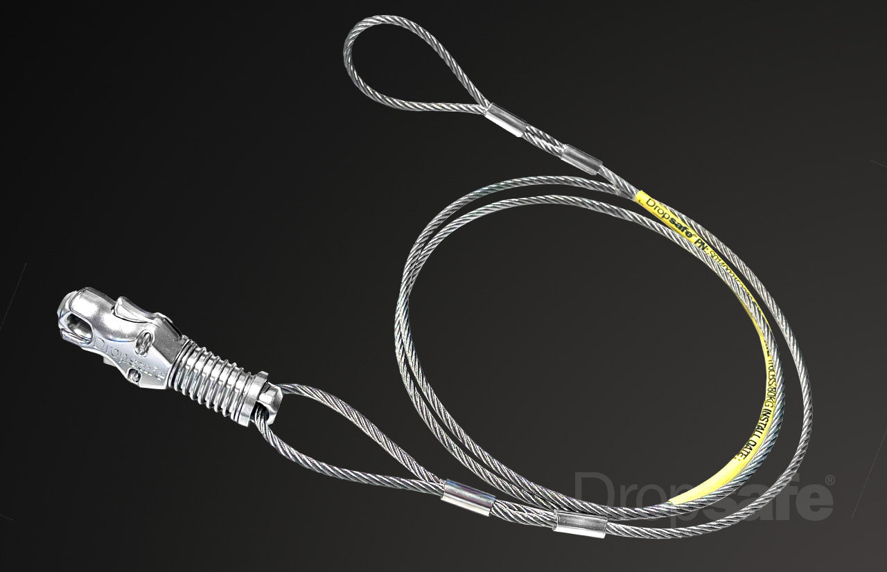 Silver metallic safety lanyard with coiled 2000mm steel cable, SWL 80kg
