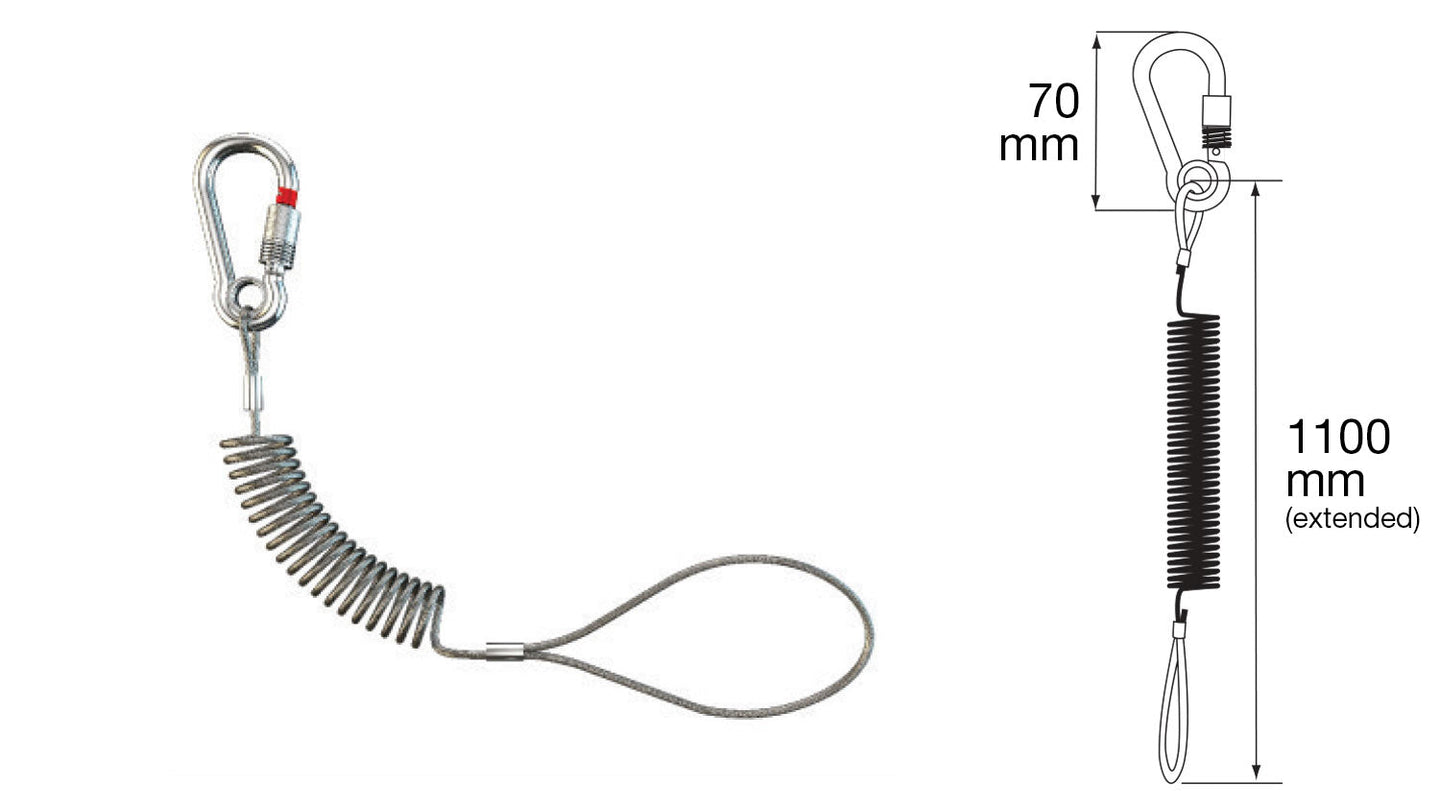Silver coiled cable lanyard with carabiner clip, 1100mm, SWL 1kg