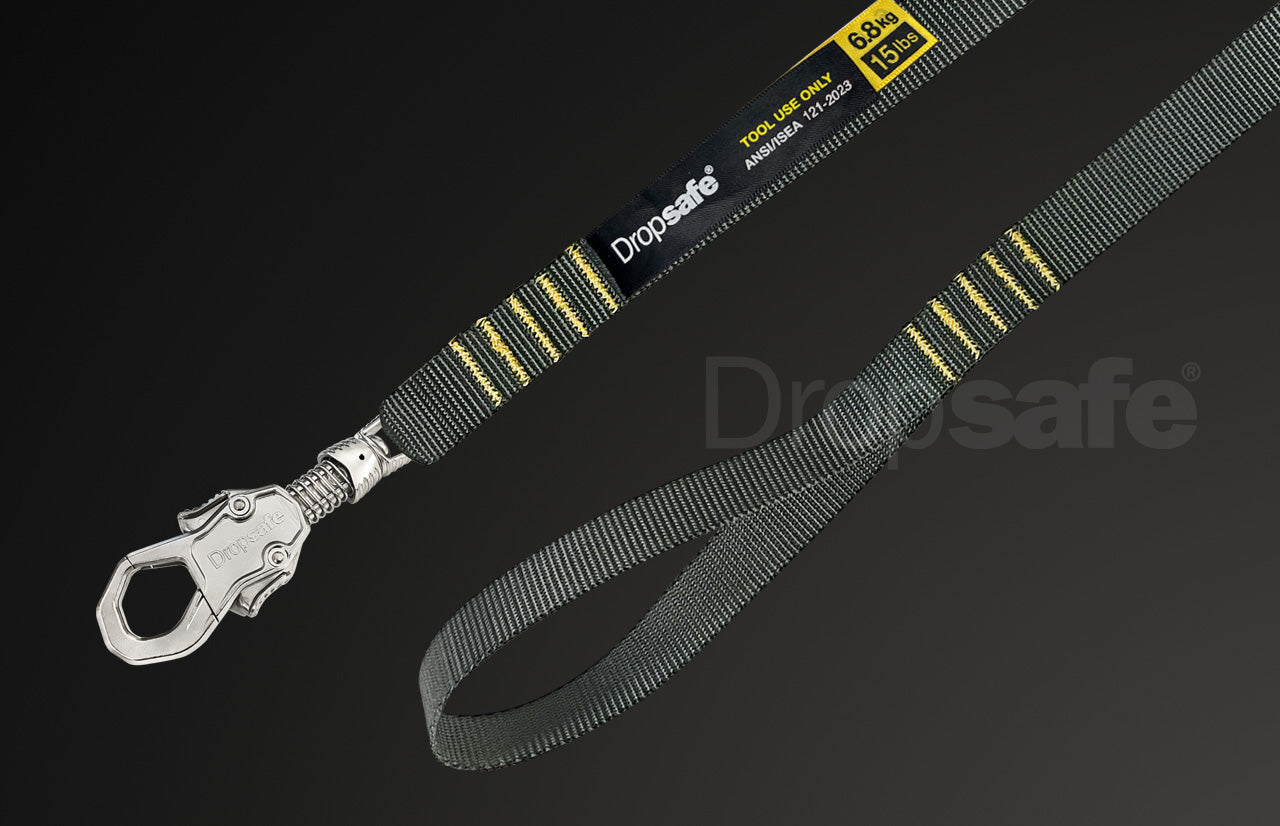 Dropsafe dark gray webbing tool lanyard with yellow stripes