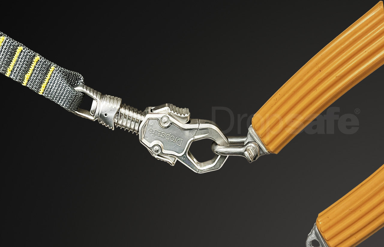 Silver carabiner with textured grip on webbing tool lanyard