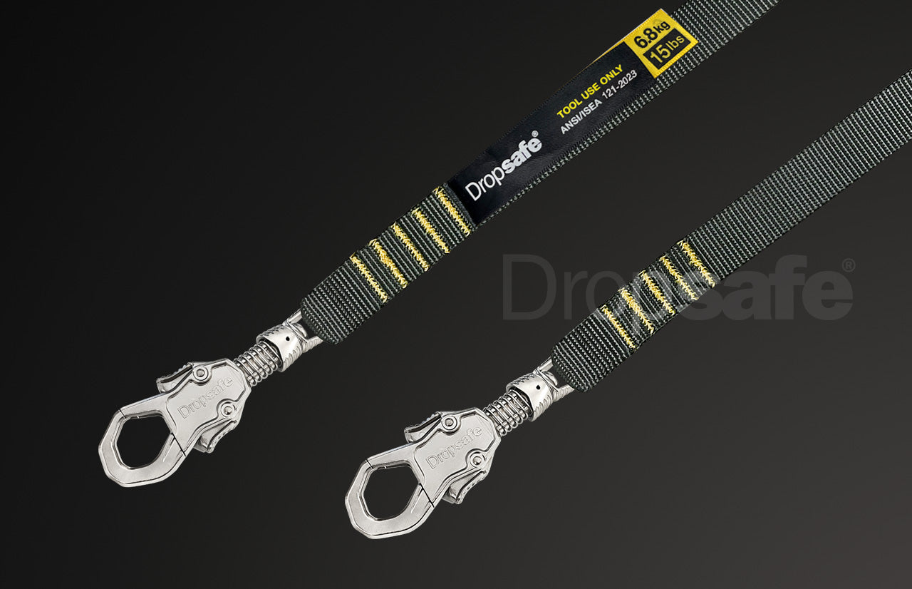 Black and yellow Dropsafe webbing tool lanyard with twin silver carabiners