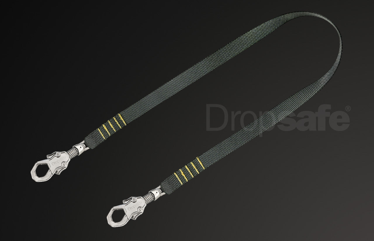 Silver carabiner with textured grip on webbing tool lanyard