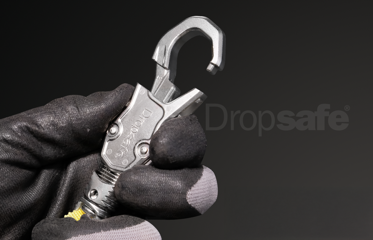 Silver metallic dropsafe carabiner with sturdy hook and textured grip for Wire Tool Lanyard - Loop