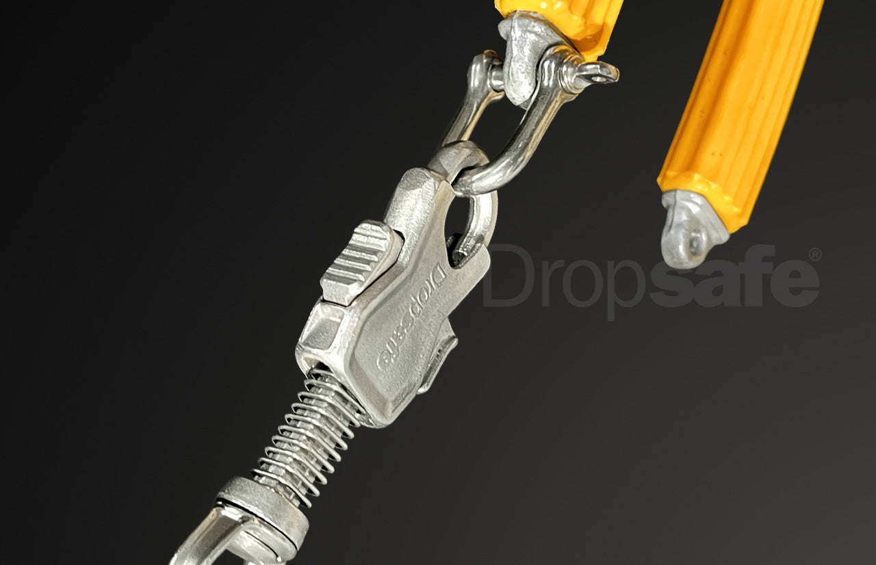 Silver bungee tool lanyard with twin carabiners, 2.3 kg capacity