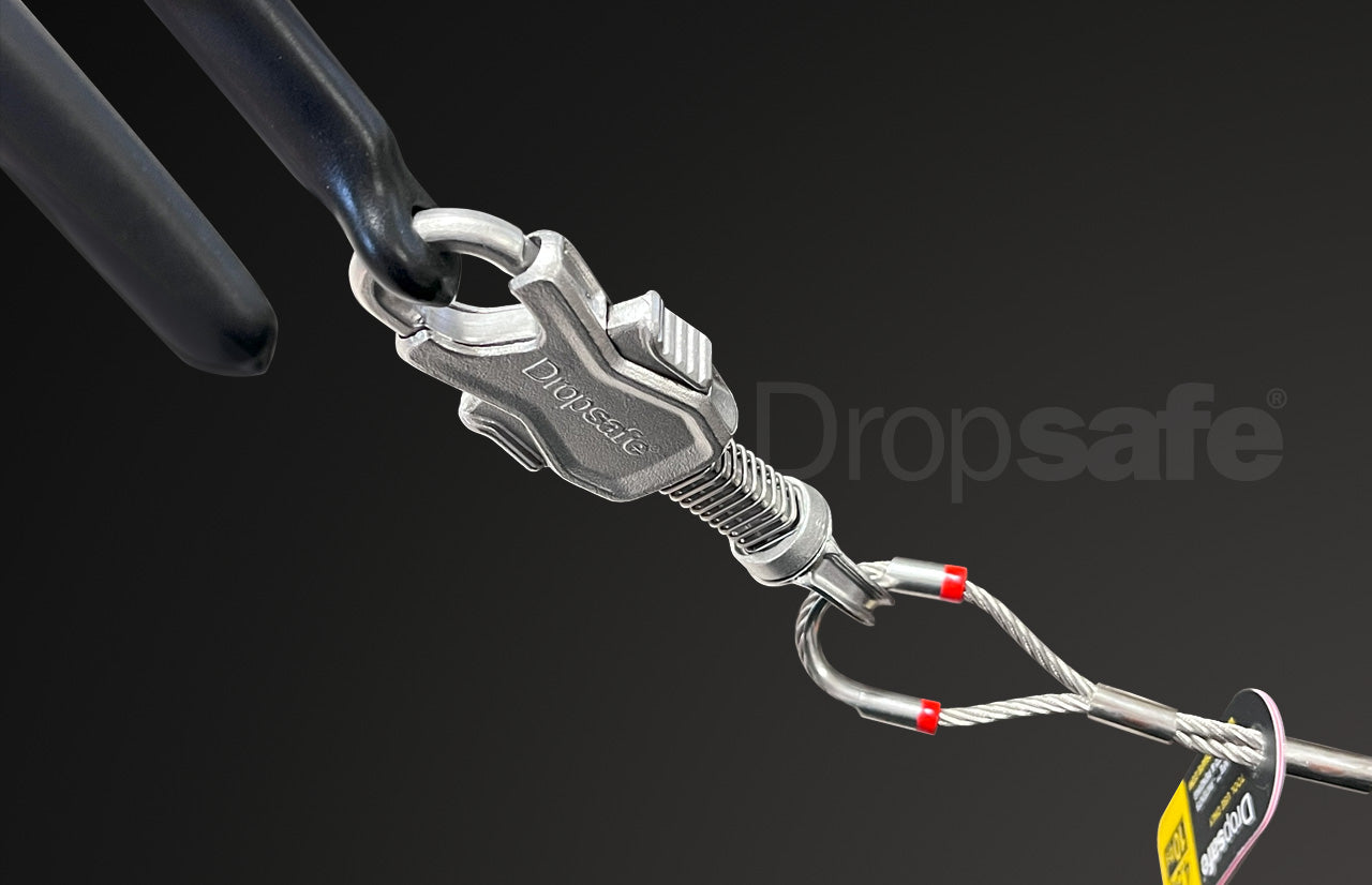 Silver metallic Wire Tool Lanyard with red-tipped coiled cable clip, 5 lbs