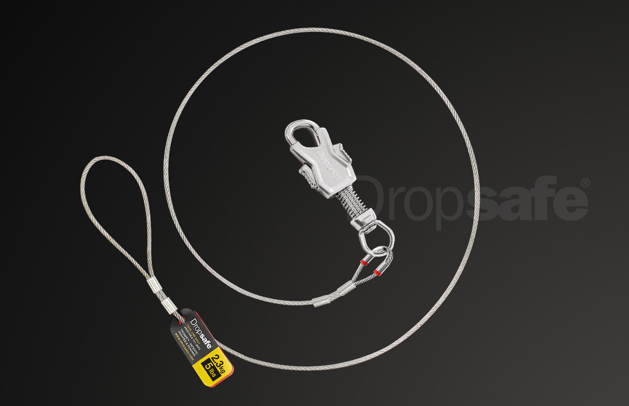 Dropsafe wire tool lanyard with silver steel cable, spring clip, red accents, 5 lbs