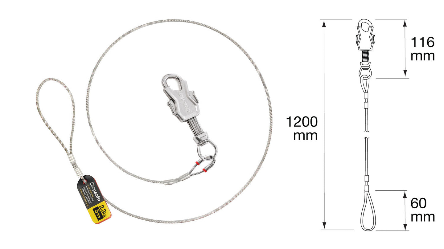 Stainless steel wire tool lanyard with loop ends, 2.3 kg capacity