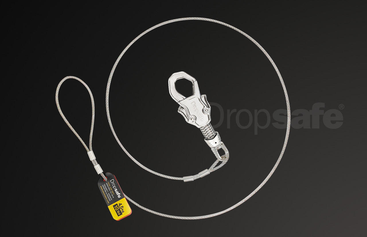 Stainless steel cable Wire Tool Lanyard with locking hook and Dropsafe tag